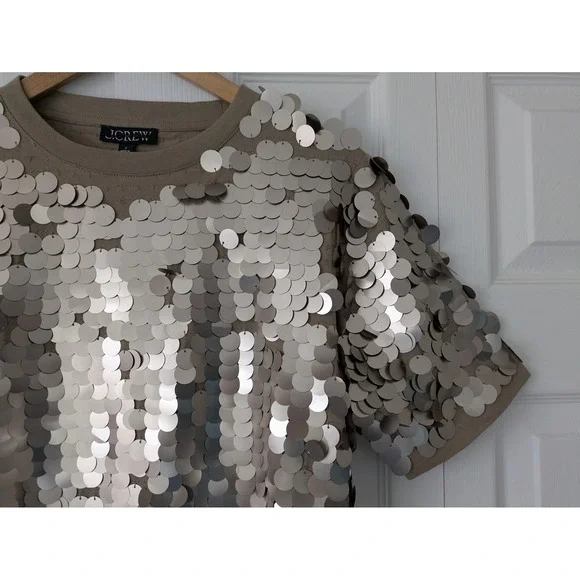 J. Crew Sequin Embellished T-Shirt Sz S Beige Silver NWD CD116 - Missing Sequins - Picture 2 of 7
